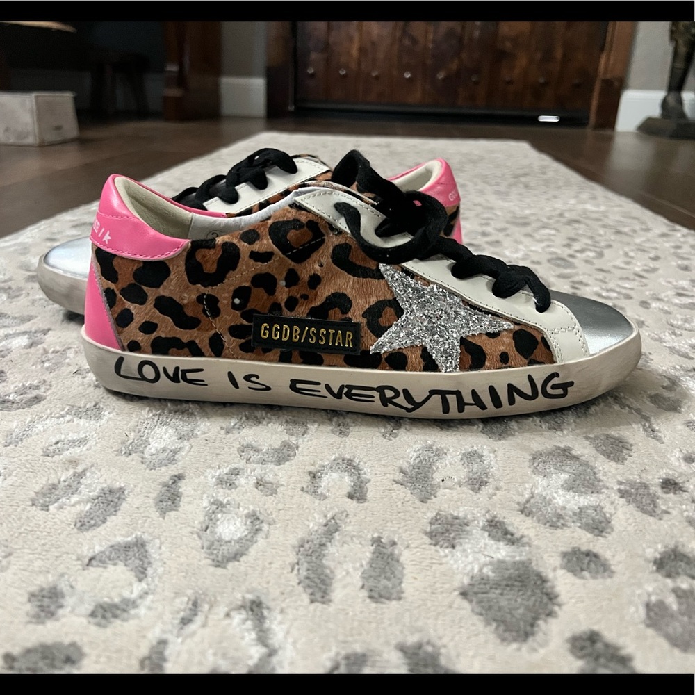 Golden Goose Super-Star in leopard-print pony skin with silver glitter star